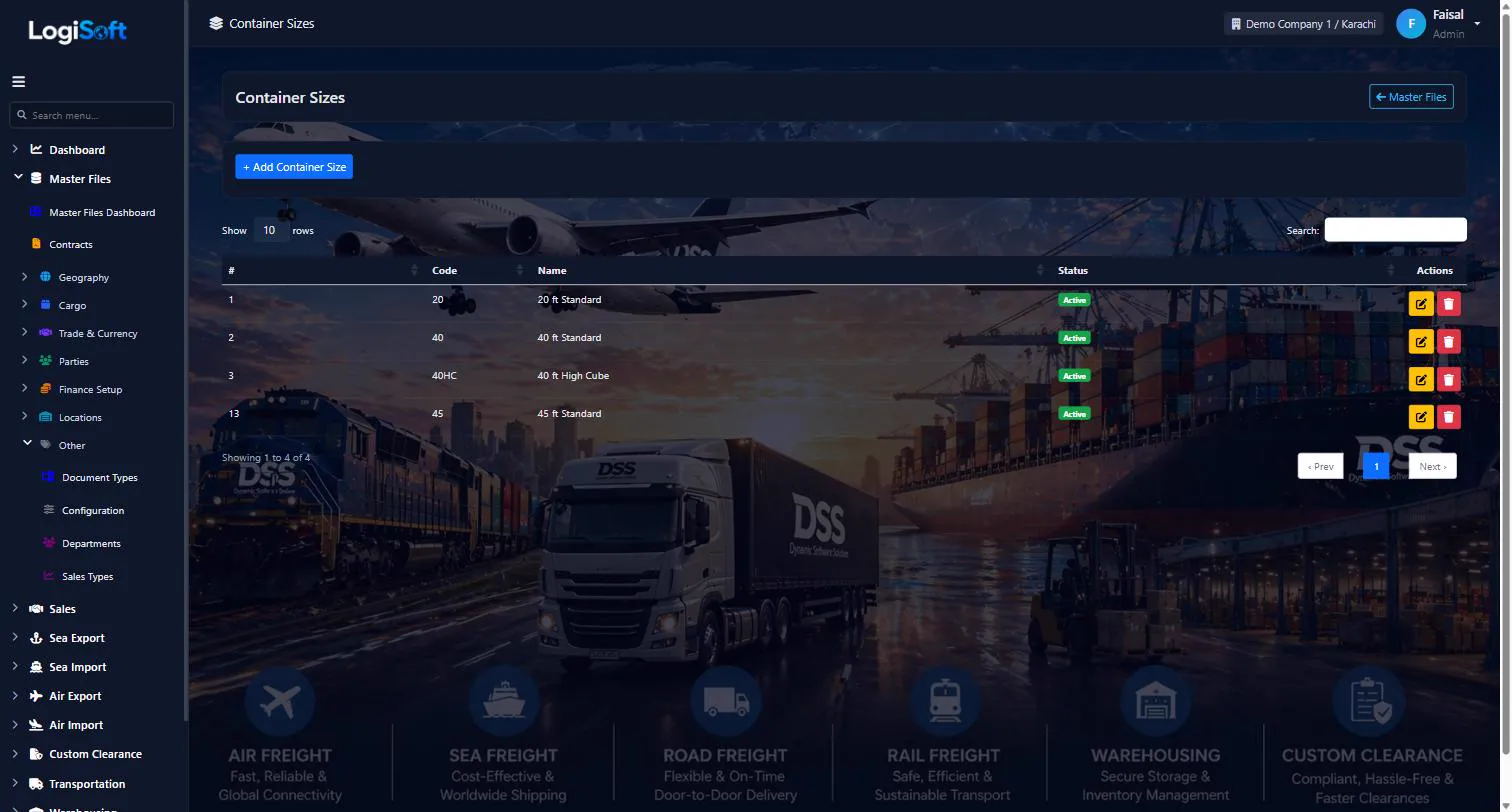 LogiSoft container sizes